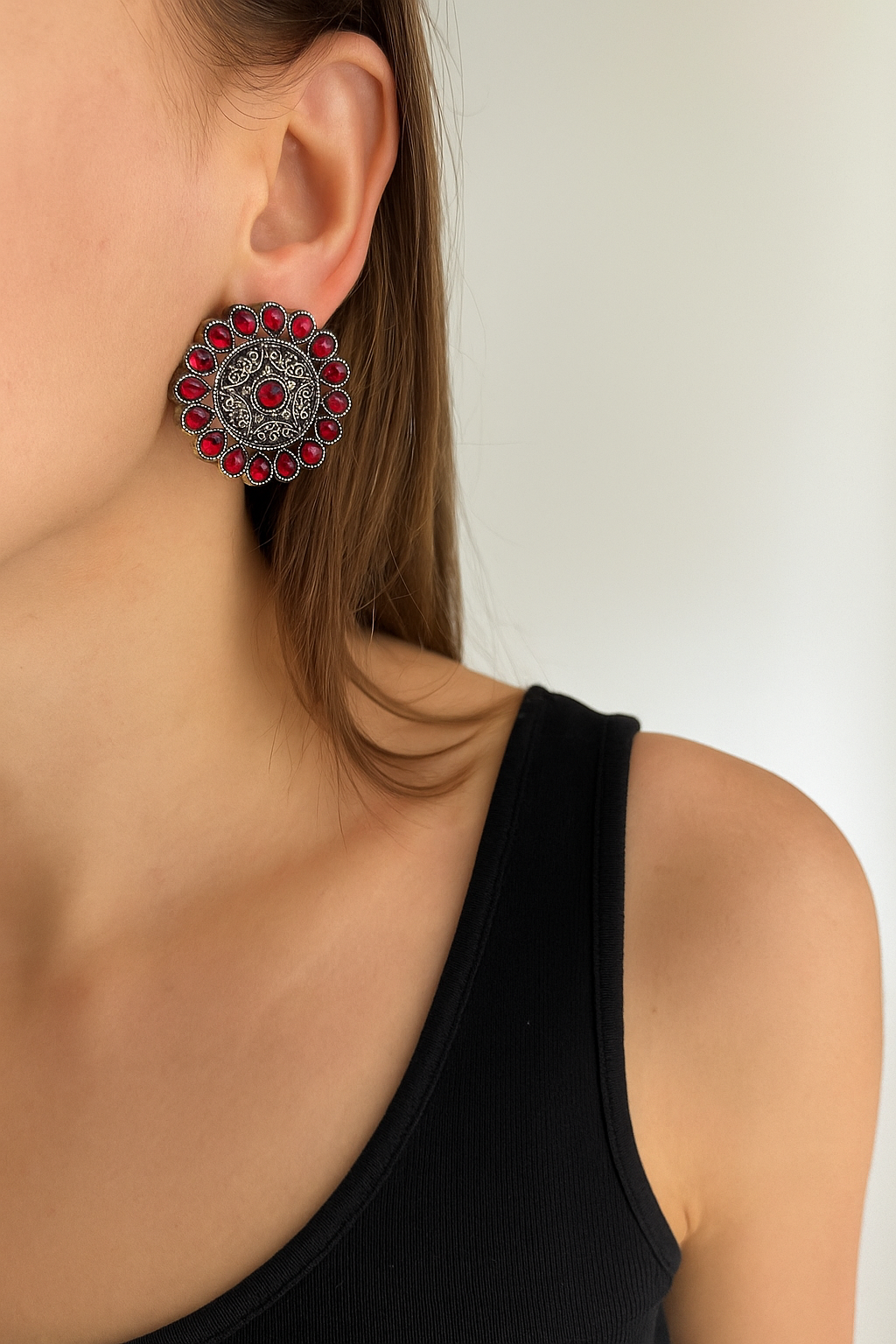 Oxidized Silver Round Stud Earrings with Ruby Red Stones